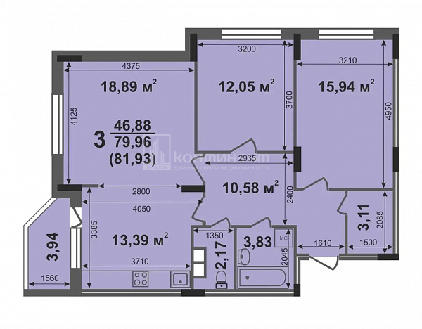 3-к квартира, 78.3 кв.м.