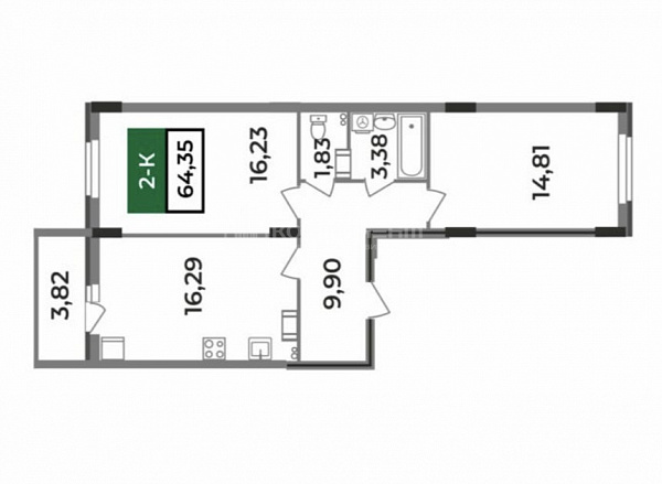 2-к квартира, 64.35 кв.м.