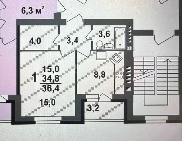 1-к квартира, 36.4 кв.м.
