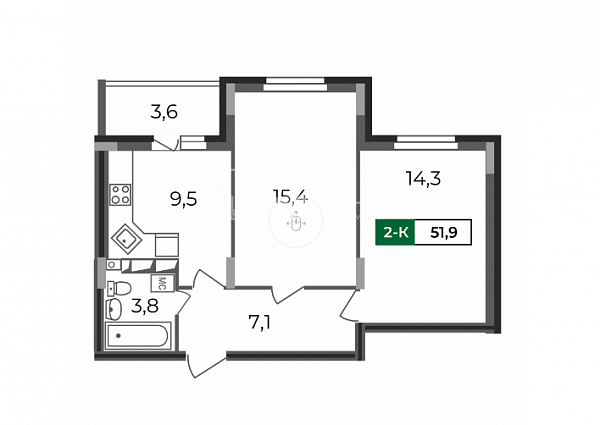 2-к квартира, 51.9 кв.м.