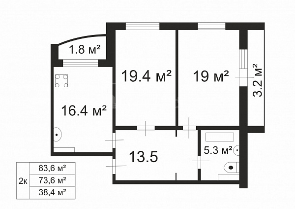 2-к квартира, 83.6 кв.м.